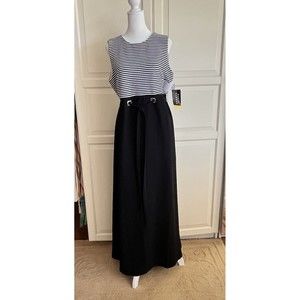 NWT David Warren Sz 12 Stretch Knit A-line Maxi Dress Stripes Black And White